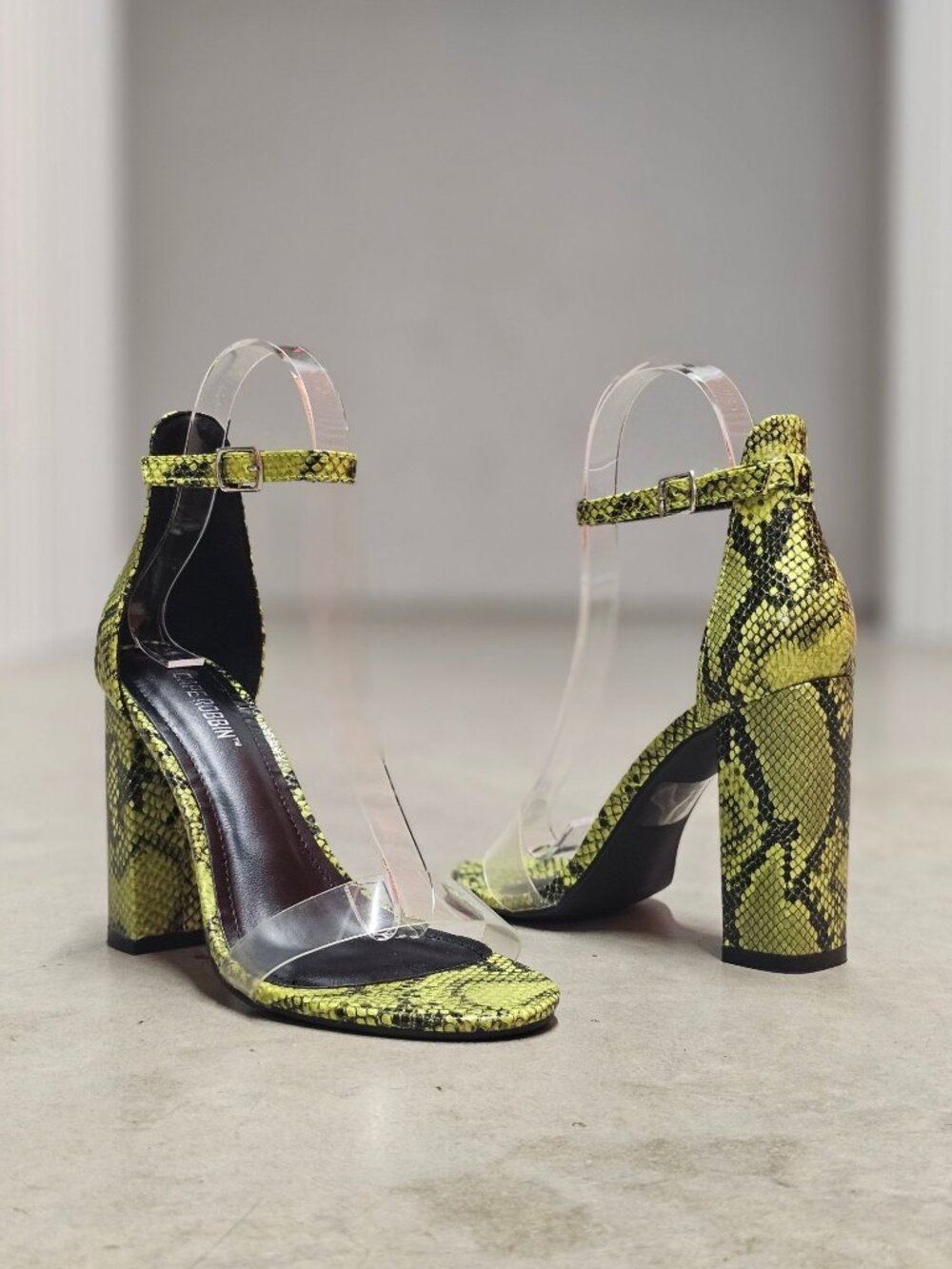 Green Snake Print Heeled Sandals With Clear Strap & Adjustable Ankle Buckle Bloc